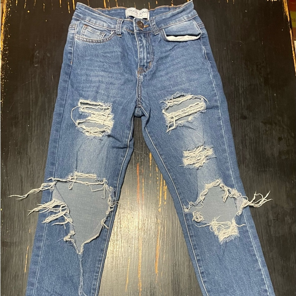 GOGO Women's Distressed Blue Boyfriend Jeans